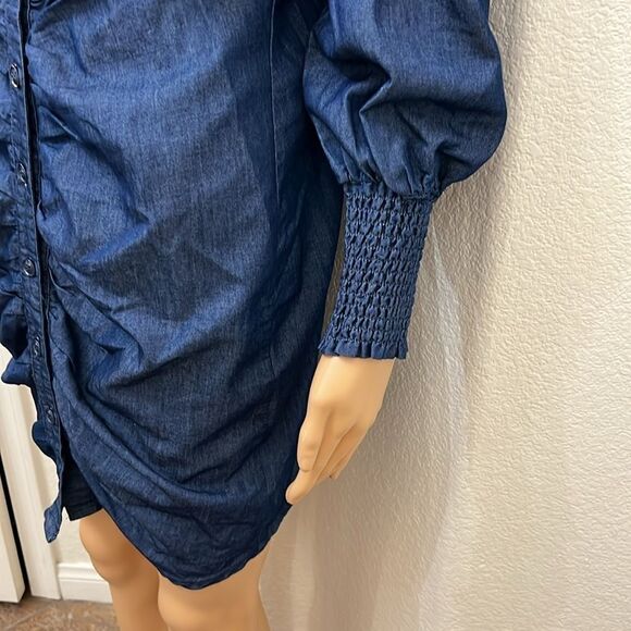 New York & Company Dress Sz Small Denim VNeck Long Sleeve Slimming Ruched Button - Picture 6 of 13